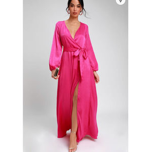 Lulus Acadiana Fuchsia Satin Long Sleeve Maxi Dress Pink Size Large NWT